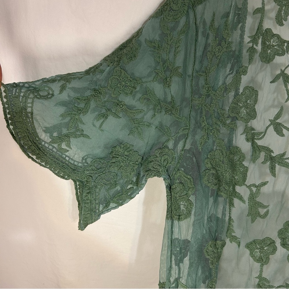 White Birch Sage Green Floral Embroidered Lace Kimono Cardigan - Size M - Picture 7 of 14